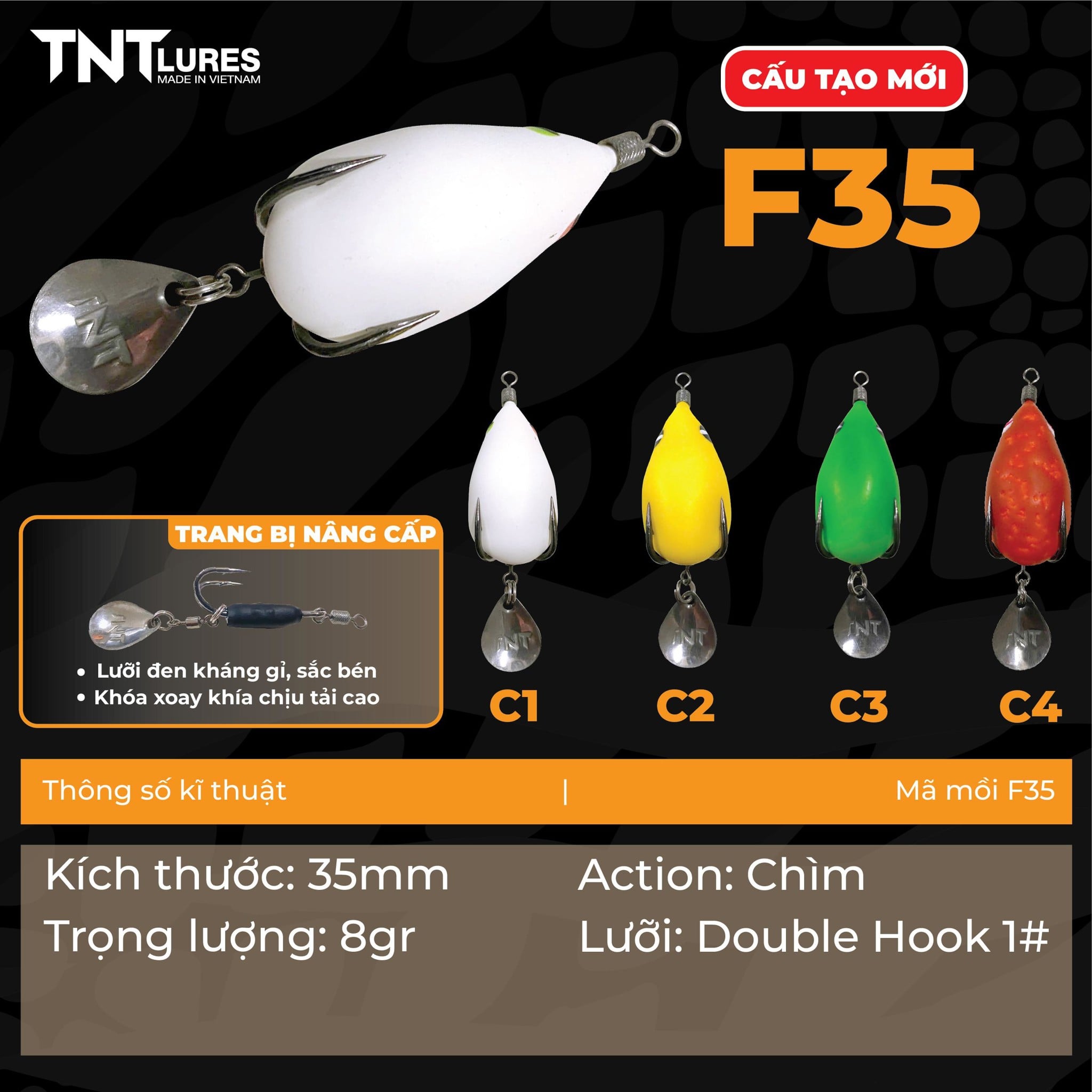 Mồi Câu Lure Nhái Hơi TNTLures Action Chìm F35 đơn sắc 3,5cm/8g